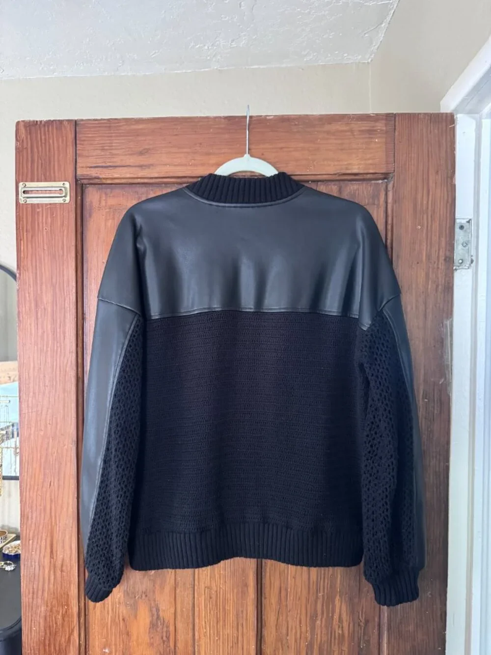 Anthropologie Black Knit Faux Leather Mixed Media Bomber Jacket XS - Picture 5 of 5